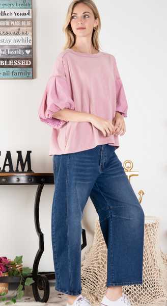 Round Neck Balloon Sleeve Top